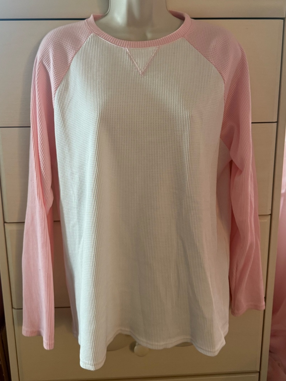 EDIKTED Pink & White Waffle Knit Raglan Long Sleeve Top